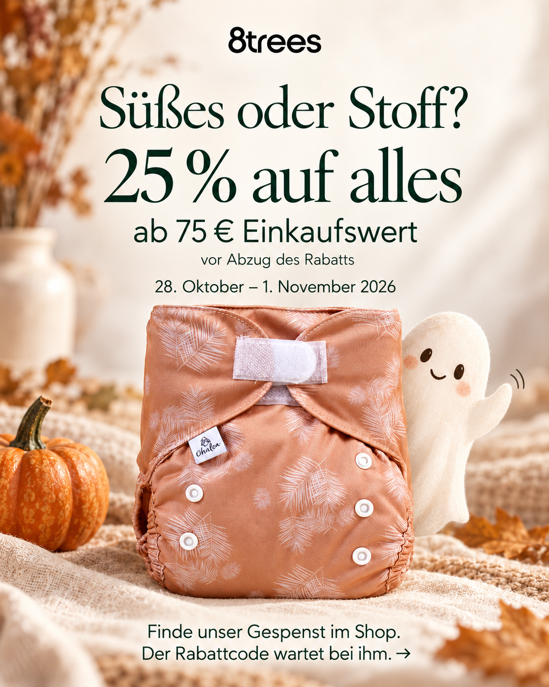 8trees Halloween-Gespenst mit 25 % Rabatt ab 75 Euro vom 28. Oktober bis 1. November 2026